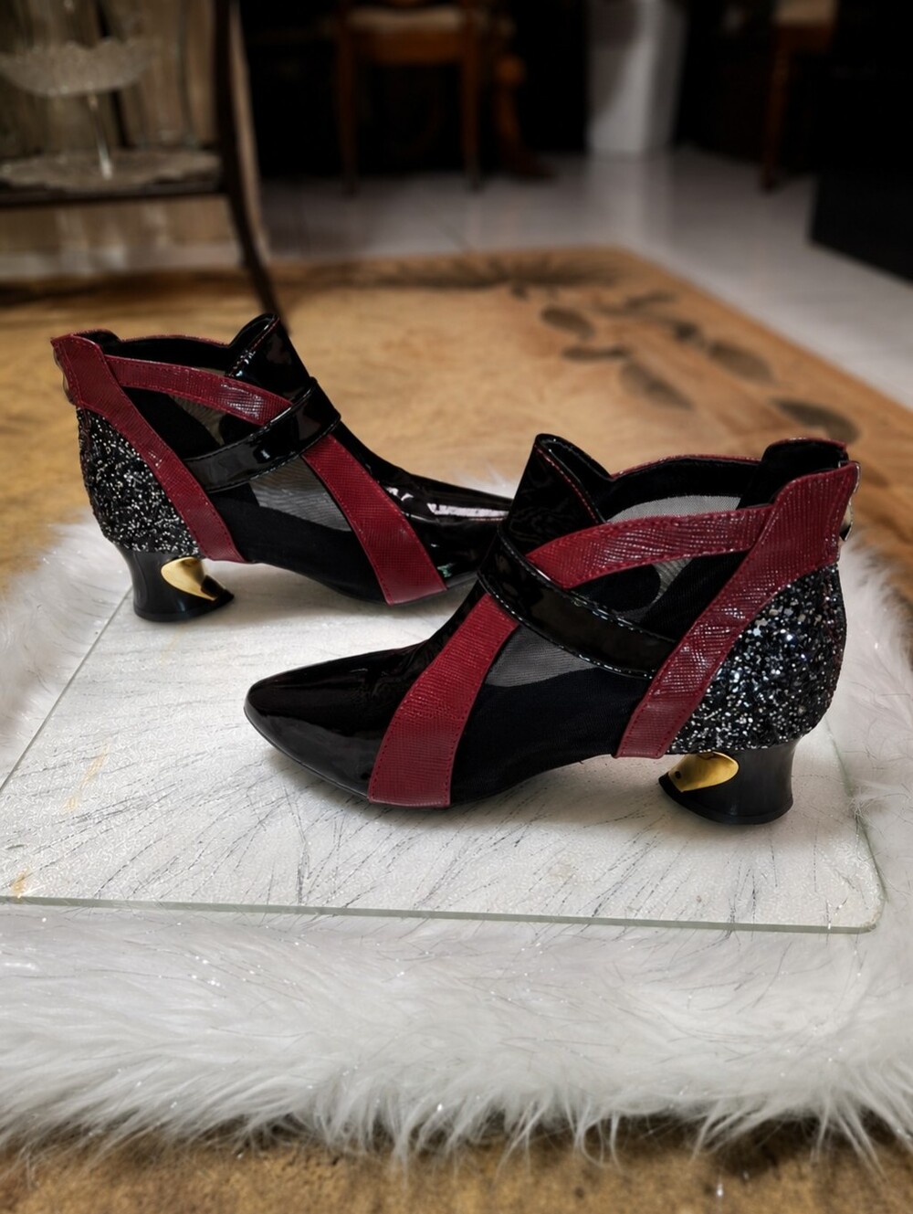 Women Black/Burgundy Mesh Ankle Booties Embellish Buckle Sculpted Heel Size 7.5 - Picture 3 of 16